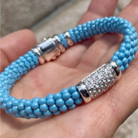 Lagos Blue Caviar Silver 925 Station Ceramic Diamond Bracelet 9mm - Picture 8 of 10